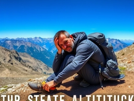 A person with a backpack resting on a mountain trail at high altitude, looking tired, with clear blue sky and distant peaks. Keywords: altitude sickness, mountain rest, high altitude trekking, prevention.