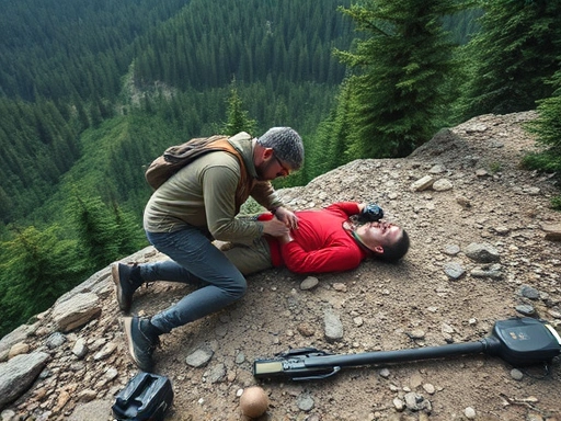 A wide-angle shot of a person administering first aid to a companion who has fallen on a rocky mountain trail, with dense forest in the background and a calm, supportive atmosphere.