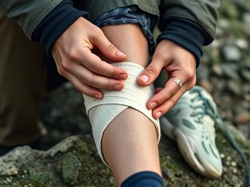 Close-up of hands applying a bandage to a leg injury during mountain first aid, showing practical and precise steps in a natural light.