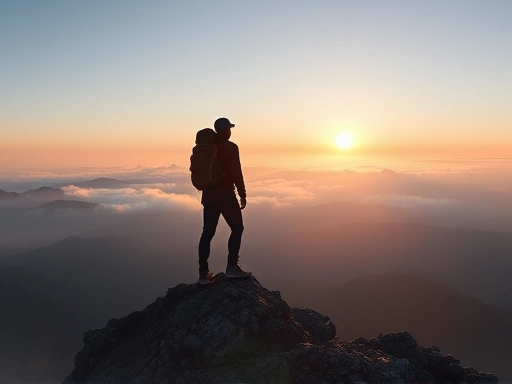 A lone hiker stands triumphantly on a mountain summit at sunrise, looking out over a vast, misty landscape, symbolizing overcoming personal challenges and finding peace.
