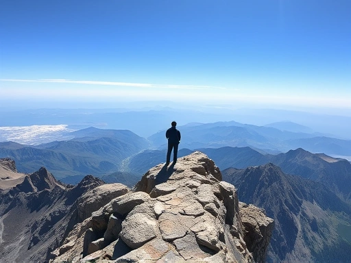 A breathtaking panoramic view from a high mountain summit, with a lone figure standing in awe, surrounded by vast, rugged landscapes under a clear sky. The scene emphasizes the sense of accomplishment and natural beauty.