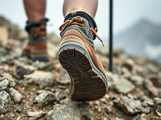 Close-up of a hiker's worn boots on a rocky trail, with a trekking pole firmly planted, showing the effort and determination required during a challenging ascent. The image highlights the physical journey and the details of the arduous path.