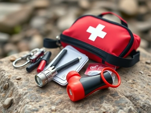 Close-up of a well-stocked emergency first aid kit with a whistle and headlamp, laid out on a rock, symbolizing readiness for unforeseen situations during hiking.