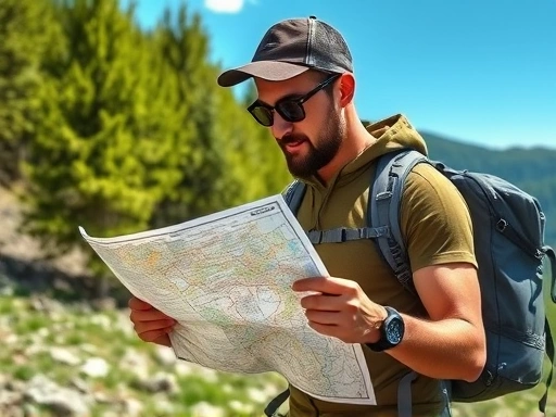 A hiker meticulously checking a detailed topographic map before starting a challenging mountain trail, emphasizing preparedness and safety, with lush green trees and clear sky.