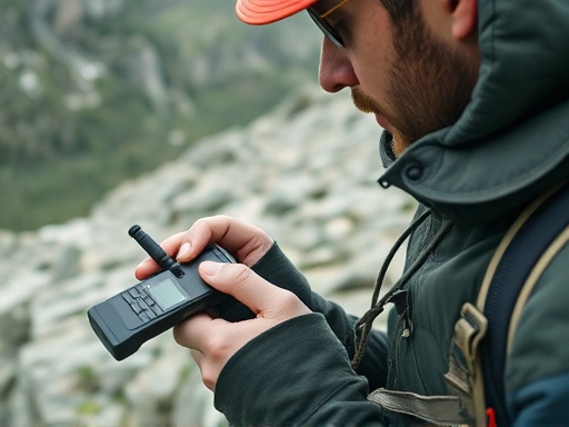 Close-up of a hiker using a satellite phone or emergency device to call for rescue on a rocky mountain path, emphasizing the importance of communication in remote areas.