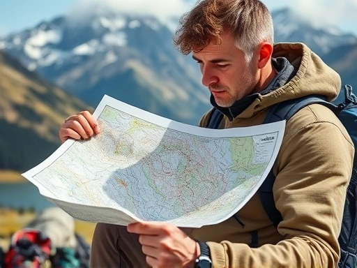 A person intently studying a topographic map outdoors with majestic mountains in the background, surrounded by hiking gear, emphasizing detailed terrain analysis and route planning with a mix of nature and technology.