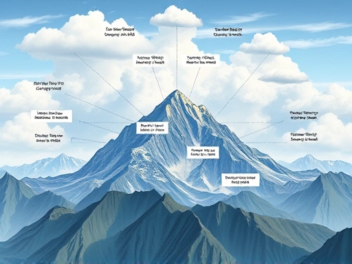 A detailed, realistic illustration of a mountain range with various cloud types (cumulus, cirrus, lenticular) showing different weather patterns, sunlight hitting peaks, emphasizing observation and safety for hikers.