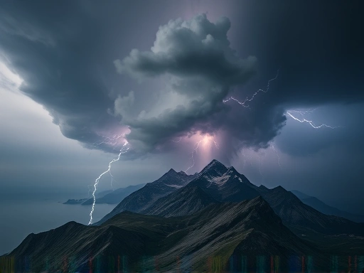 A close-up, detailed shot of a dark cumulonimbus cloud forming over a mountain peak, with lightning faintly visible, emphasizing danger and the need for quick observation and action in mountain environments.