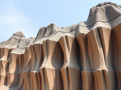 A close-up shot of the unique rock formations of Seoseokdae in Mudeungsan, showing the intricate hexagonal patterns and vertical structure of the columnar joints, with a clear sky in the background.