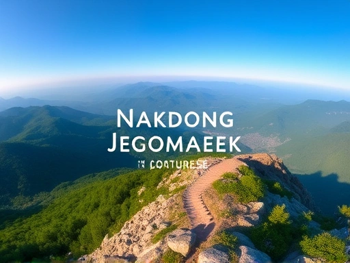 A panoramic view of the Nakdong Jeongmaek mountain range at sunrise, showing diverse terrain, including lush forests, rocky paths, and distant peaks, with a small group of trekkers on the trail, emphasizing the beauty of the trekking course.