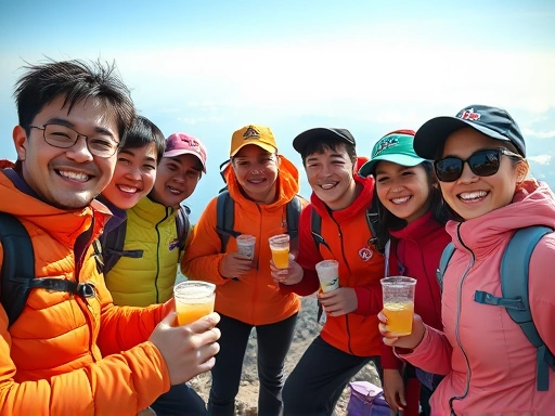 Close-up of a vibrant Korean hiking group at a mountain summit, celebrating with colorful branded apparel, sharing food and drinks, showing the social and cultural aspects of Korean hiking, vibrant, detailed, joyful atmosphere.