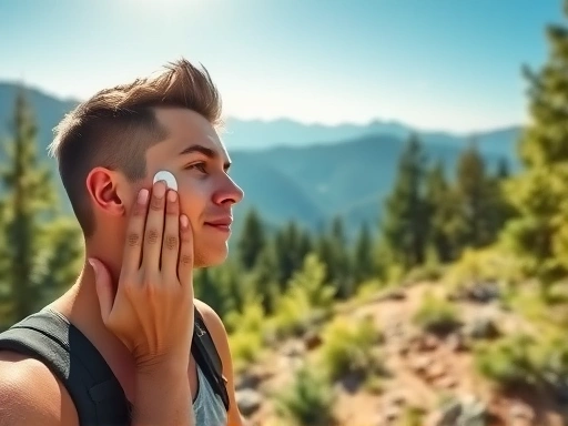 A person carefully applying sunscreen to their face on a sunny mountain trail, surrounded by green trees and a clear sky, highlighting the importance of sun protection during hiking.