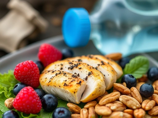 Close-up of a nutritious recovery meal (e.g., chicken breast, berries, nuts) with water bottle, symbolizing post-hiking nutrition and fatigue recovery.