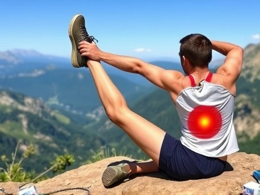 A person stretching their leg muscles after a hike, with a scenic mountain background, emphasizing post-hiking recovery and muscle pain relief.