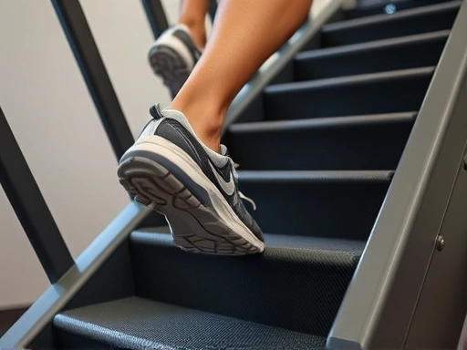 A close-up shot of a person's feet on a stair climber machine, showing strong calf muscles in action, symbolizing endurance and preparation for uphill hiking. The focus is on the leg and foot movement with clear athletic wear.