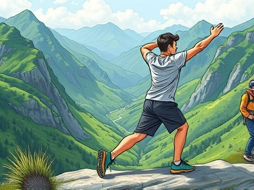 A detailed illustration of a person performing dynamic stretches before a hike, surrounded by lush green mountains, showing flexible movements and an active posture.