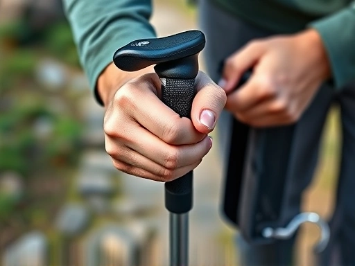 A close-up shot of a person's hands correctly holding a trekking pole with the strap, demonstrating the proper grip and hand placement for effective use on a hiking trail. Focus on the detail of the strap and grip, highlighting correct trekking pole usage.