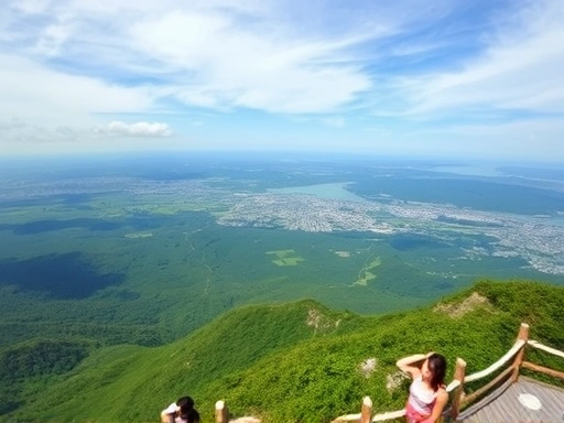 A breathtaking panoramic view from the summit of Chilgoe Mountain in Pyeongtaek, showing vast green plains, distant cityscapes, and a serene sky, capturing the essence of the Chilgoe Mountain plain view.