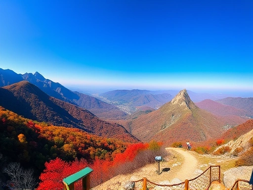 A majestic panoramic view of Seoraksan National Park in autumn, showcasing vibrant fall foliage and towering granite peaks under a clear blue sky, with a hiking trail winding through the mountains. Focus on the vastness and beauty of the natural landscape, perfect for hiking enthusiasts.
