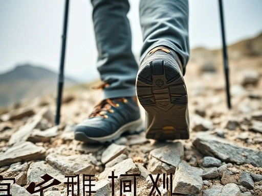 A close-up shot of an experienced hiker's feet in professional hiking boots firmly planted on a rocky mountain trail in Seoraksan, with trekking poles supporting them. The background is slightly blurred, highlighting the rugged terrain and the sense of adventure and careful footing.