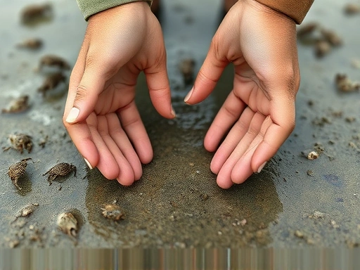 A close-up shot of hands exploring a tidal flat, with small crabs or other marine life visible in the mud, showing the richness of the ecosystem. Focus on the experiential aspect and the unique life in the tidal flats.