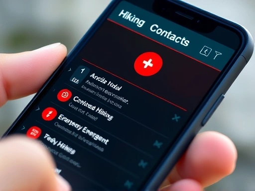 Close-up of a smartphone screen displaying emergency contact information, with a hand holding it, showing organized hiking emergency contacts for quick access.
