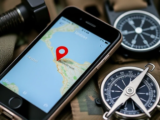 A close-up of a smartphone screen showing a precise location marker on a map application, surrounded by a compass and GPS device, highlighting technological aspects of location sharing for emergency app use. 