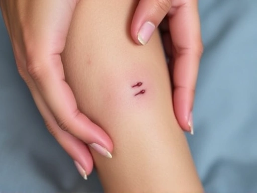 A close-up shot of a person's lower leg with two small, distinct puncture marks from a snakebite, surrounded by a clean, calm hand gently stabilizing the area, illustrating immediate first aid and the need for medical attention.