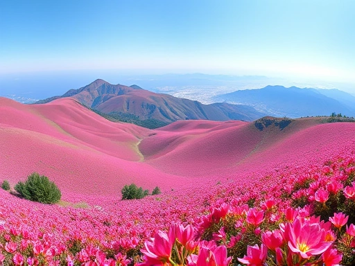 A vibrant panorama of Sobaeksan mountain in late spring, with expansive fields of bright pink and red royal azaleas covering the rolling hills, a clear blue sky, and distant peaks in the background. Focus on the vastness of the azalea blooms.