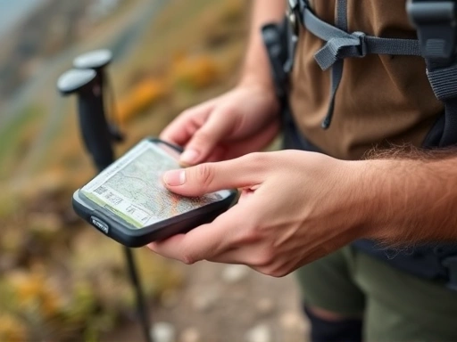 Close-up of a hiker's hands checking a GPS device or map on a trail, with essential safety gear like a backpack and trekking poles visible, showing preparedness.