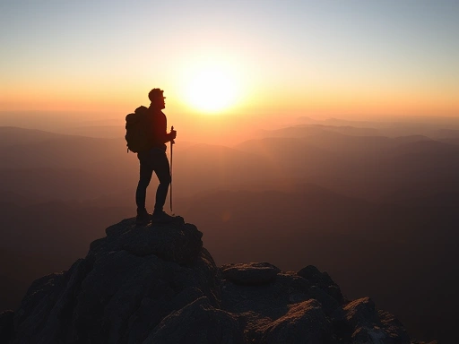A solitary hiker standing on a mountain peak at sunrise, enjoying a panoramic view, embodying freedom and nature. Focus on peaceful atmosphere and vast landscape.