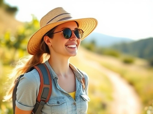 A person enjoying a summer hike, wearing light, breathable clothing, with a wide-brimmed hat. The scene is bright and sunny, showing effective heat management.
