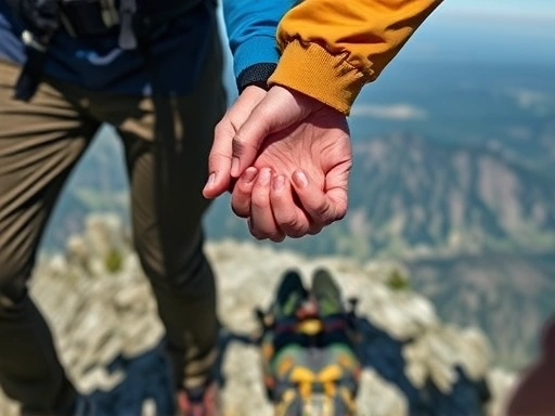 Close-up of two hikers' hands clasped in a gesture of mutual support on a rocky summit, symbolizing the power of human connection and shared experience in a hiking journey.