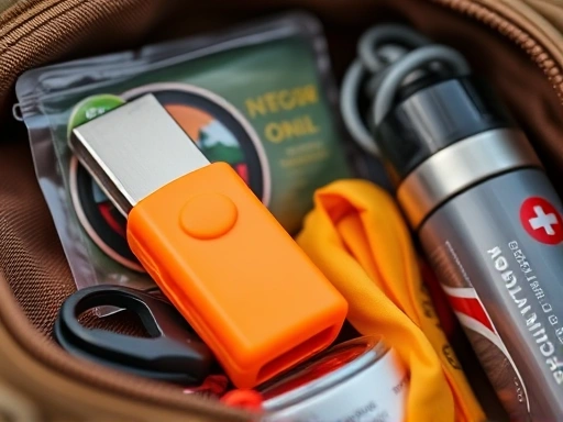 Close-up of a survival kit with essential items like a bright orange whistle, a compact first-aid kit, and a personal water filter, emphasizing preparedness and key tools for unexpected situations.