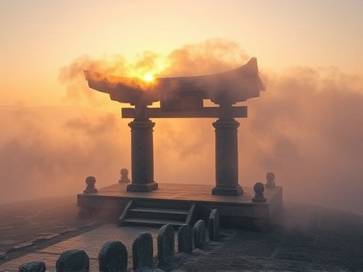 Close-up of the ancient stone altar at Cheonjedan on Taebaeksan mountain, bathed in the warm glow of a sunrise, with a mystical fog swirling around, highlighting the spiritual significance of the site.