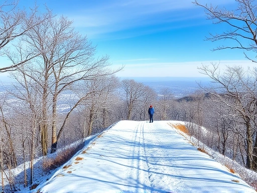 A serene winter hiking trail on Taebaeksan mountain, with snow-covered trees and a clear blue sky, capturing the quiet beauty of the Korean landscape, featuring a lone hiker in the distance.