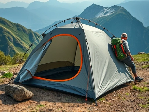 A close-up shot of a modern, lightweight hiking tent pitched securely on a mountain trail, with a hiker's backpack leaning against it, emphasizing the tent's stability and portability for outdoor adventures.