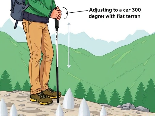 A detailed illustration showing a person adjusting a trekking pole to the correct 90-degree elbow angle on flat terrain, with clear markings for height and pole sections. The scene includes green mountain background and hiking trail, emphasizing trekking pole length adjustment.