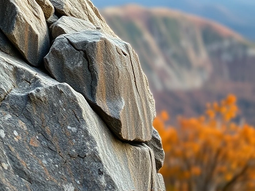 A close-up shot of a majestic rock formation on Unaeksan Mountain, showcasing its unique texture and the challenging yet rewarding aspect of Unaeksan climbing, with autumn foliage subtly blurred in the background.