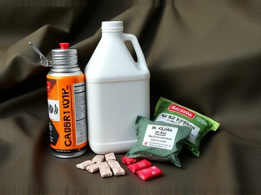 A close-up, detailed shot showcasing various types of hiking burner fuels: a gas canister, a white gasoline bottle, and solid fuel tablets, arranged neatly on a durable outdoor fabric background, highlighting their differences.