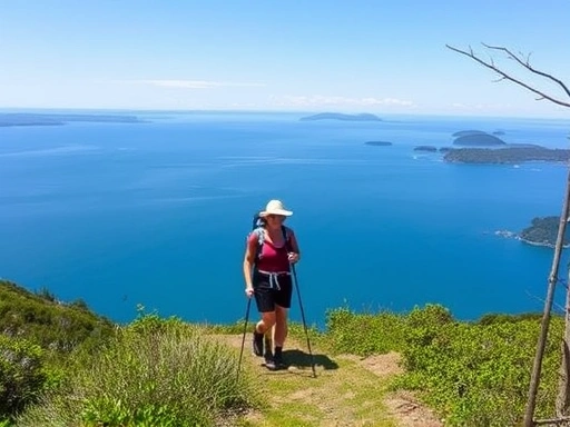 A scenic view of a hiker walking on a coastal trail on a sunny day, overlooking the calm blue ocean and distant islands. The scene captures the tranquility and beauty of West Coast island hiking, with a focus on natural elements like green foliage and clear skies.