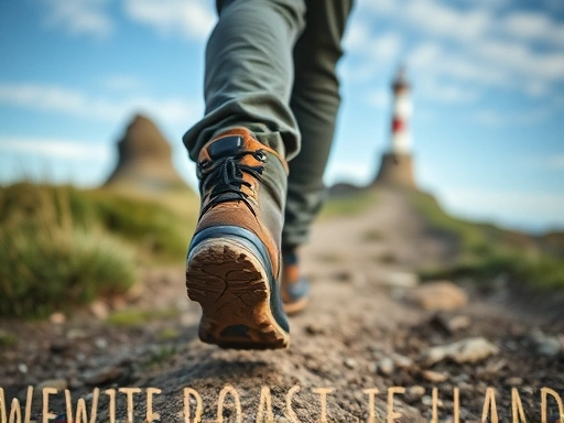 Close-up of a hiker's boots on a rugged, natural island trail, with blurred background showing an iconic island landmark like a unique rock formation or a lighthouse in the distance, emphasizing adventure and exploration on a West Coast island.