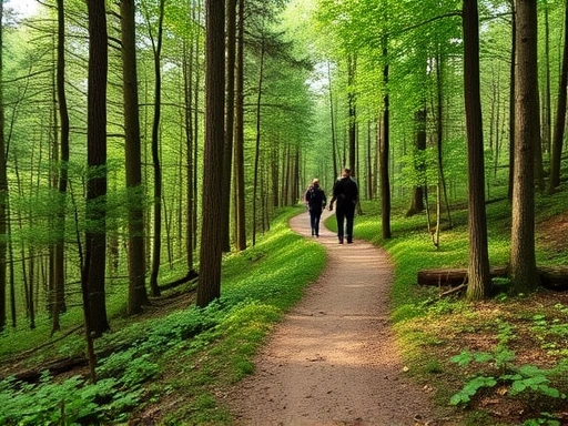 A serene forest trail with subtle signs of wildlife, emphasizing natural beauty and the potential for wild animal encounters, with hikers in the background practicing safe hiking, nature's coexistence.