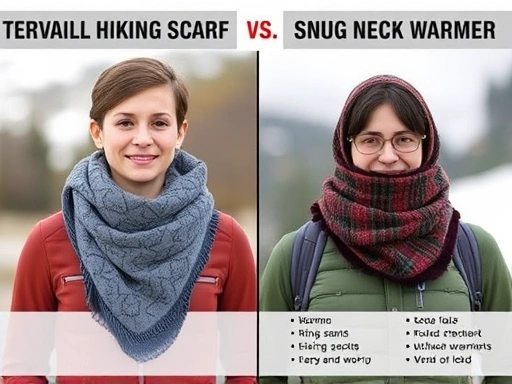 A detailed comparison of a versatile hiking scarf and a snug neck warmer, showing their warmth, flexibility, and suitability for different outdoor activities and weather conditions.