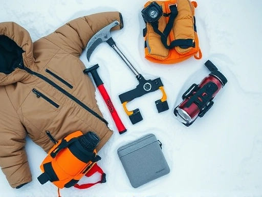A detailed flat lay of essential winter mountain climbing gear, including insulated clothing, ice axe, crampons, headlamp, and a thermos on a snow-covered ground, capturing the essence of preparedness for a challenging expedition.