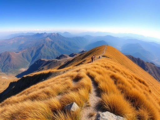 A panoramic view of the majestic Yeongnam Alps mountain range in autumn, with golden pampas grass fields and a group of small, determined hikers traversing the ridge under a clear blue sky, emphasizing the vastness and beauty of the traverse course.
