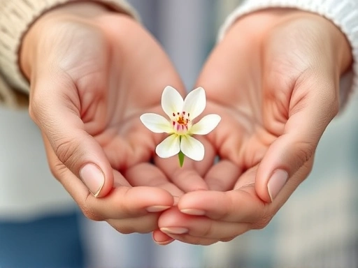 Close-up of two hands, one older and one younger, holding a delicate blooming flower, symbolizing mutual growth and careful nurturing in an age-gap relationship. Focus on gentle connection and details.
