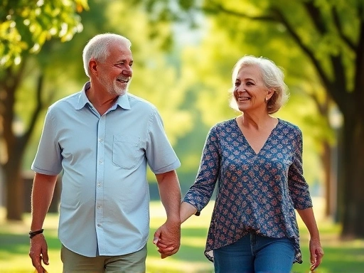 A couple of different ages, smiling and holding hands, walking in a park, symbolizing harmony and connection in an age-gap relationship, with green trees and sunlight. Focus on connection and joy.
