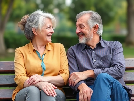 A diverse couple with a visible age difference, sitting on a park bench, looking at each other with warm smiles, symbolizing understanding and connection in an age-gap relationship.