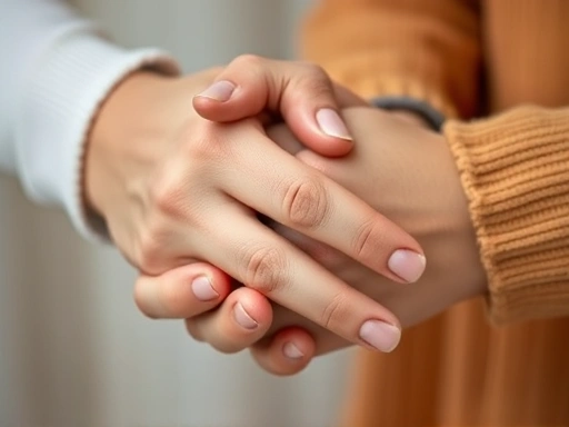 Close-up of two hands gently clasped, one hand's fingers intertwined with the other, conveying trust and connection, soft background, shallow depth of field, warm and comforting colors, symbolizing emotional safety in anxious attachment.